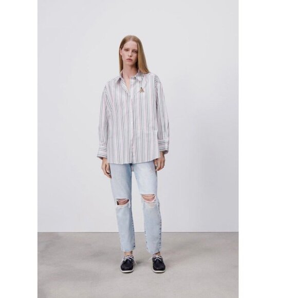 Zara White Striped Cotton Oversized Blouse/Shirt. Size s - Picture 2 of 10